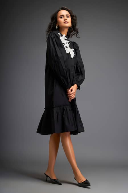 Shop_Deepika Arora_Black Cotton Embroidery, Sequins Mandarin Collar Contrast Floral Applique Dress _Online_at_Aza_Fashions