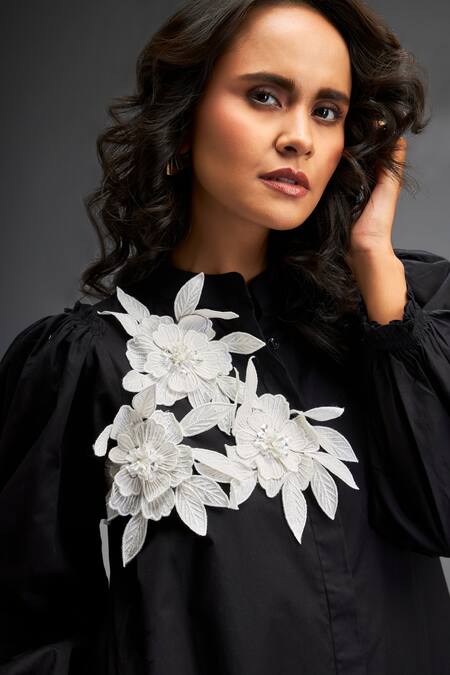 Deepika Arora_Black Cotton Embroidery, Sequins Mandarin Collar Contrast Floral Applique Dress _at_Aza_Fashions