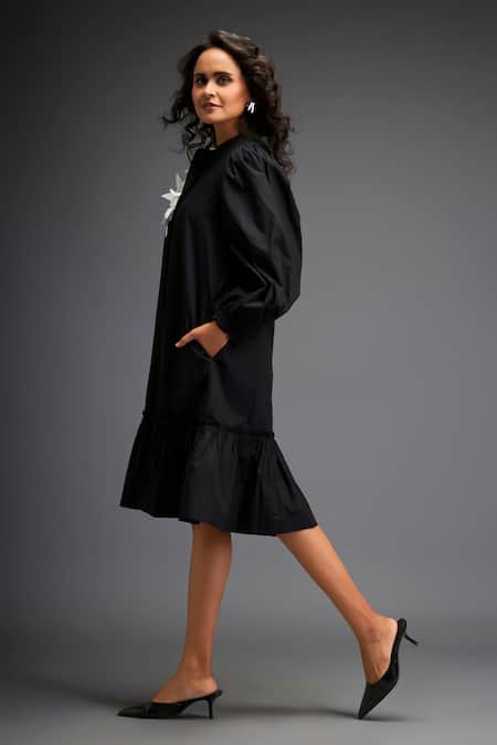 Buy_Deepika Arora_Black Cotton Embroidery, Sequins Mandarin Collar Contrast Floral Applique Dress 