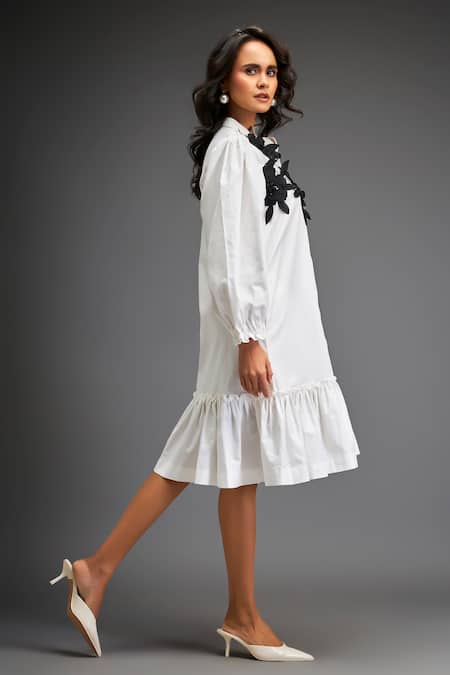 Deepika Arora_White Cotton Embroidery Mandarin Collar Contrast Flower Applique Dress _Online_at_Aza_Fashions