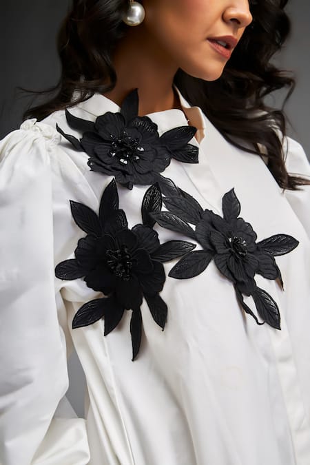 Buy_Deepika Arora_White Cotton Embroidery Mandarin Collar Contrast Flower Applique Dress _Online_at_Aza_Fashions