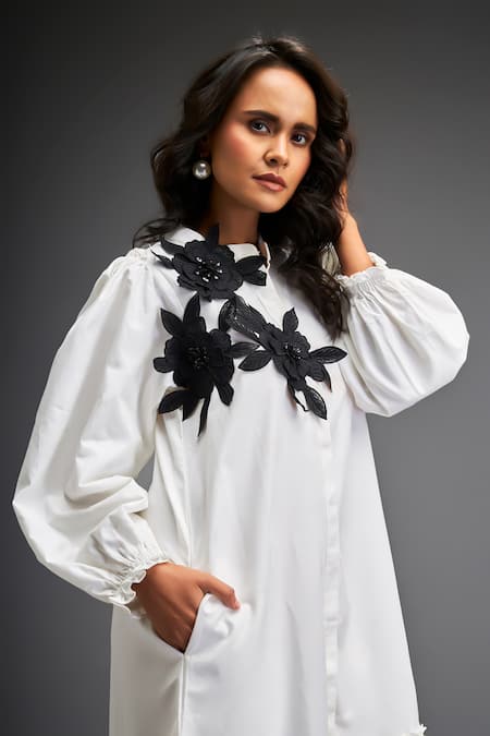 Shop_Deepika Arora_White Cotton Embroidery Mandarin Collar Contrast Flower Applique Dress _Online_at_Aza_Fashions