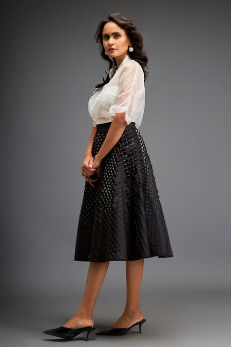 Buy Deepika Arora Black Organza Embroidery Collared Floral Applique Sheer Shirt With Skirt Buy_Deepika Arora_Black Organza Embroidery Collared Floral Applique Sheer Shirt With Skirt