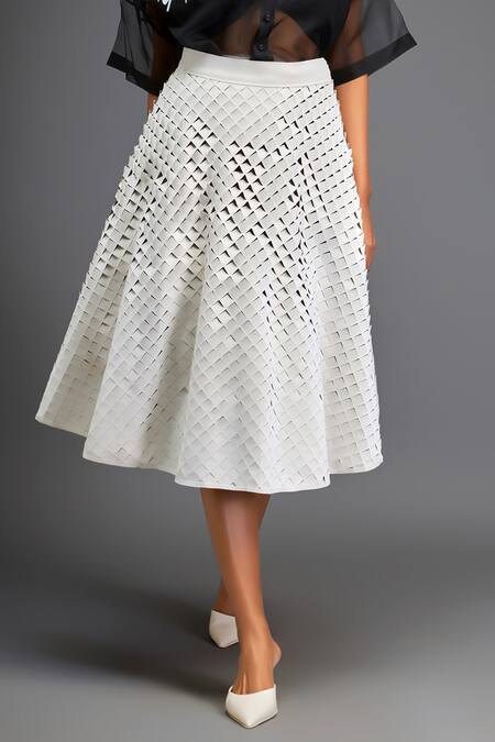 Deepika Arora_White Velvet, Organza, Velour Embroidery Flower Applique Sheer Shirt With Skirt _Online_at_Aza_Fashions