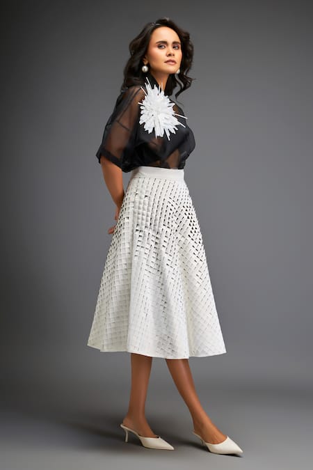 Buy_Deepika Arora_White Velvet, Organza, Velour Embroidery Flower Applique Sheer Shirt With Skirt _Online_at_Aza_Fashions