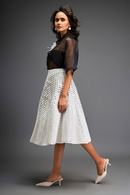 Shop_Deepika Arora_White Velvet, Organza, Velour Embroidery Flower Applique Sheer Shirt With Skirt 