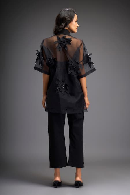 Shop Deepika Arora Black Organza, Polyester Applique Collared Flower Shirt With Pant at Aza Fashions Shop_Deepika Arora_Black Organza, Polyester Applique Collared Flower Shirt With Pant _at_Aza_Fashions
