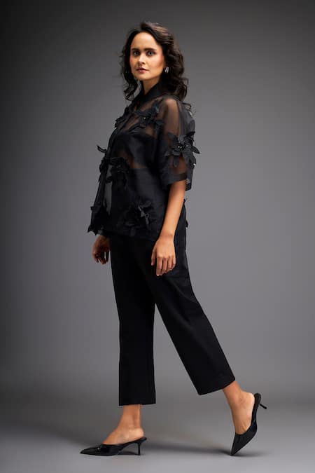 Deepika Arora Black Organza, Polyester Applique Collared Flower Shirt With Pant Online at Aza Fashions Deepika Arora_Black Organza, Polyester Applique Collared Flower Shirt With Pant _Online_at_Aza_Fashions
