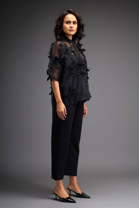 Deepika Arora Black Organza, Polyester Applique Collared Flower Shirt With Pant at Aza Fashions Deepika Arora_Black Organza, Polyester Applique Collared Flower Shirt With Pant _at_Aza_Fashions