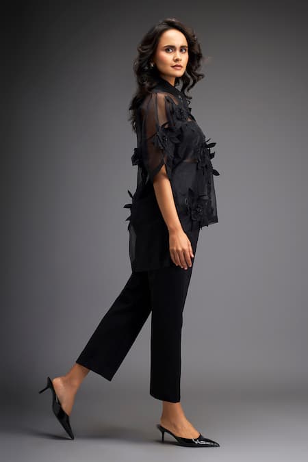 Buy Deepika Arora Black Organza, Polyester Applique Collared Flower Shirt With Pant Buy_Deepika Arora_Black Organza, Polyester Applique Collared Flower Shirt With Pant