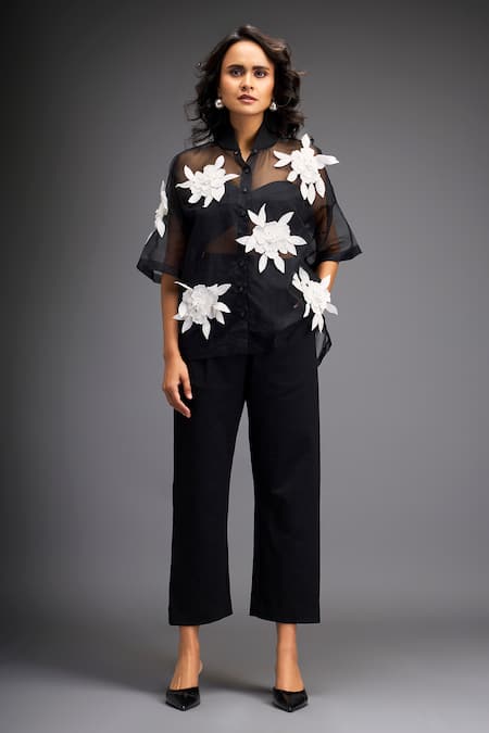 Deepika Arora Flower Applique Sheer Shirt With Pant 