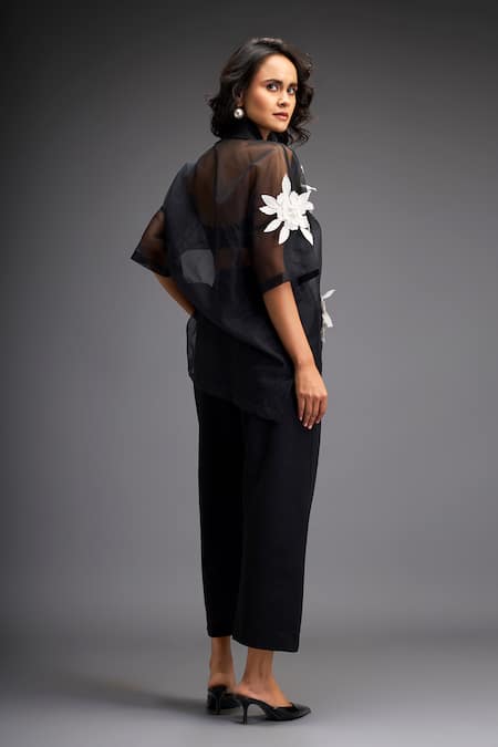 Shop Deepika Arora Black Organza, Polyester Embroidery Flower Applique Sheer Shirt With Pant at Aza Fashions Shop_Deepika Arora_Black Organza, Polyester Embroidery Flower Applique Sheer Shirt With Pant _at_Aza_Fashions