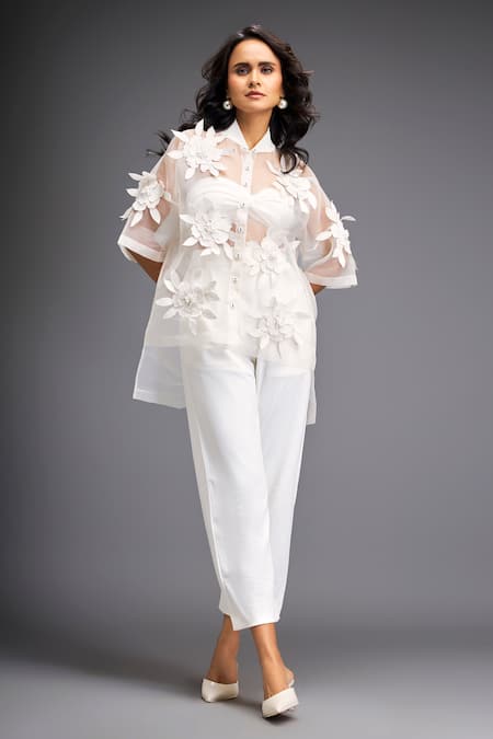 Deepika Arora Flower Bunch Applique Sheer Shirt With Pant 