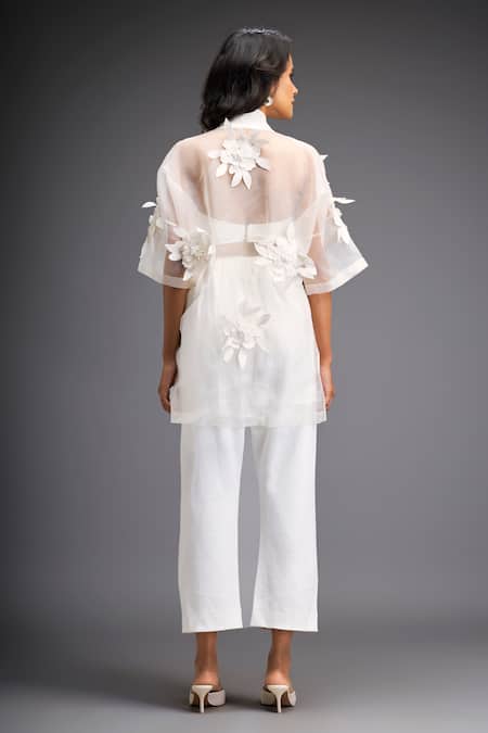 Shop_Deepika Arora_White Organza, Pashmina Embroidery Flower Bunch Applique Sheer Shirt With Pant _at_Aza_Fashions