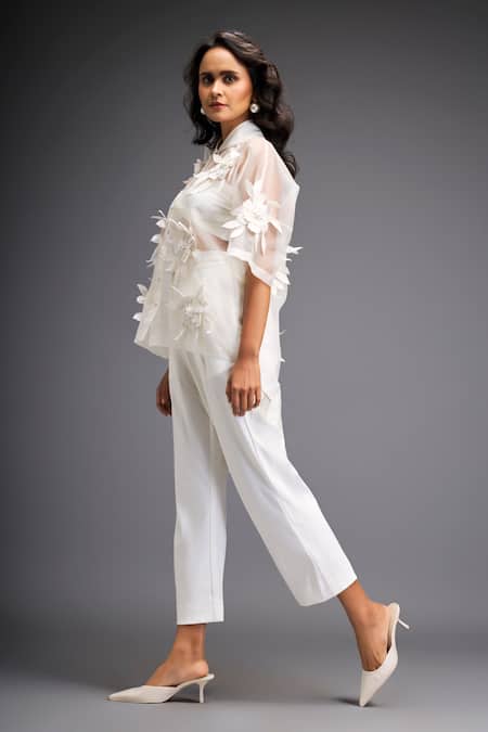 Deepika Arora_White Organza, Pashmina Embroidery Flower Bunch Applique Sheer Shirt With Pant _Online_at_Aza_Fashions