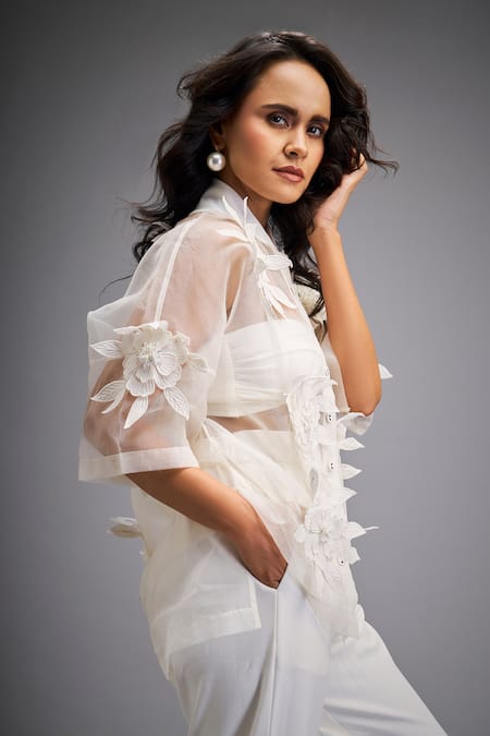 Shop_Deepika Arora_White Organza, Pashmina Embroidery Flower Bunch Applique Sheer Shirt With Pant _Online_at_Aza_Fashions