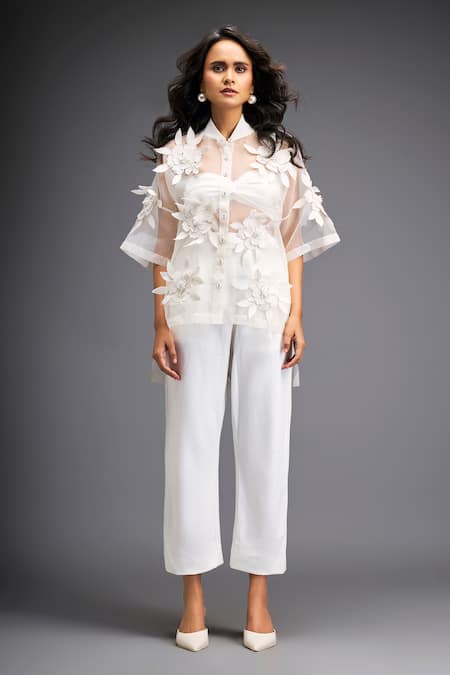 Deepika Arora_White Organza, Pashmina Embroidery Flower Bunch Applique Sheer Shirt With Pant _at_Aza_Fashions