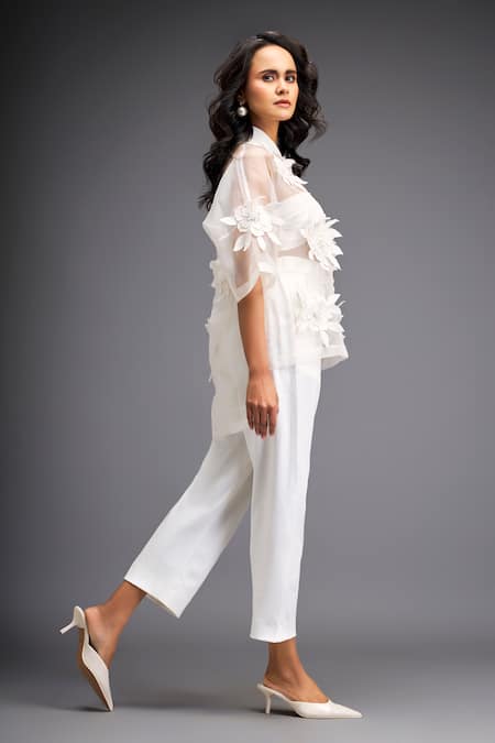 Buy_Deepika Arora_White Organza, Pashmina Embroidery Flower Bunch Applique Sheer Shirt With Pant 