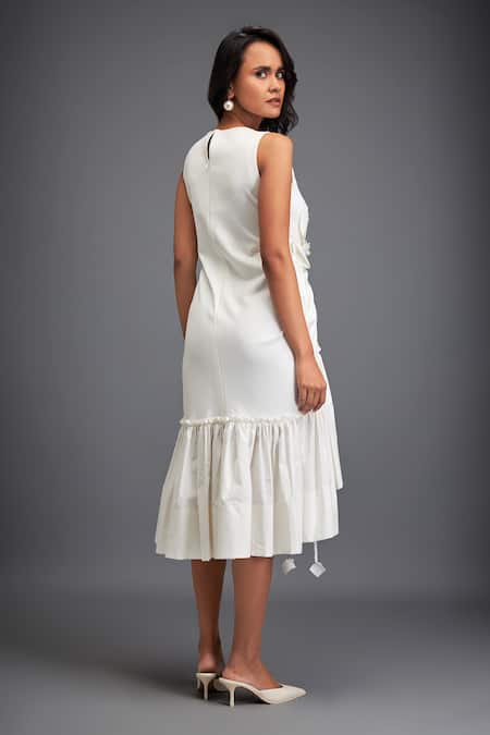 Shop Deepika Arora White Embroidery Round Neck Flower Applique Asymmetric Dress at Aza Fashions Shop_Deepika Arora_White Embroidery Round Neck Flower Applique Asymmetric Dress _at_Aza_Fashions