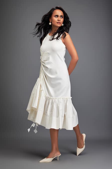 Buy Deepika Arora White Embroidery Round Neck Flower Applique Asymmetric Dress Online at Aza Fashions Buy_Deepika Arora_White Embroidery Round Neck Flower Applique Asymmetric Dress _Online_at_Aza_Fashions