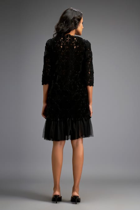 Shop Deepika Arora Black Velvet, Net Cut Work Round Neck Floral Short Dress at Aza Fashions Shop_Deepika Arora_Black Velvet, Net Cut Work Round Neck Floral Short Dress _at_Aza_Fashions