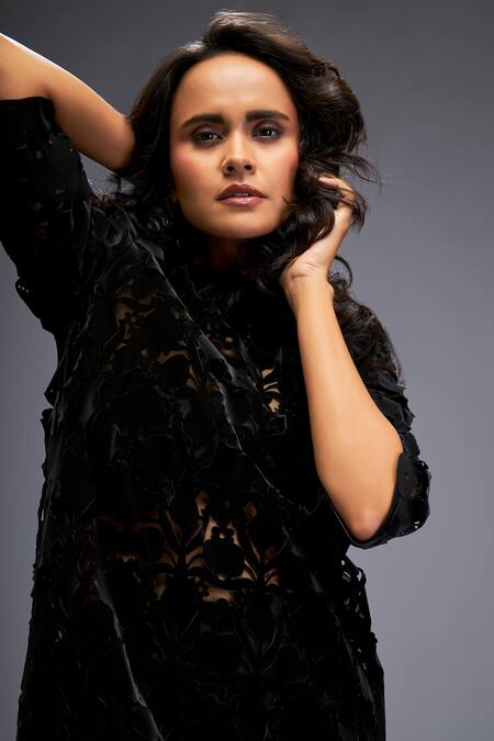 Buy Deepika Arora Black Velvet, Net Cut Work Round Neck Floral Short Dress Online at Aza Fashions Buy_Deepika Arora_Black Velvet, Net Cut Work Round Neck Floral Short Dress _Online_at_Aza_Fashions