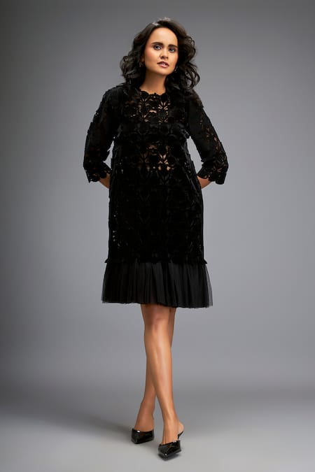 Shop Deepika Arora Black Velvet, Net Cut Work Round Neck Floral Short Dress Online at Aza Fashions Shop_Deepika Arora_Black Velvet, Net Cut Work Round Neck Floral Short Dress _Online_at_Aza_Fashions