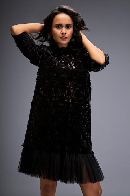 Deepika Arora Black Velvet, Net Cut Work Round Neck Floral Short Dress at Aza Fashions Deepika Arora_Black Velvet, Net Cut Work Round Neck Floral Short Dress _at_Aza_Fashions