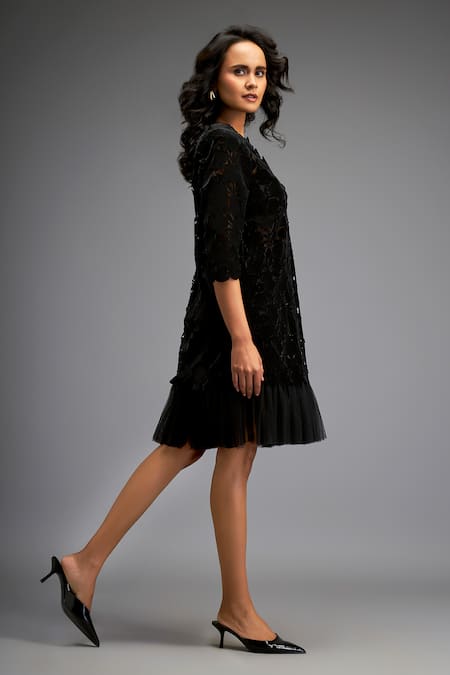 Buy Deepika Arora Black Velvet, Net Cut Work Round Neck Floral Short Dress Buy_Deepika Arora_Black Velvet, Net Cut Work Round Neck Floral Short Dress