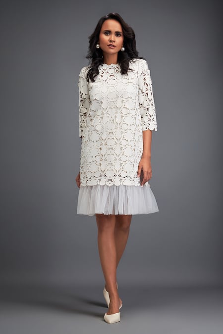 Deepika Arora White Velvet, Net Cut Work Round Neck Floral Jaal Pattern Dress Online at Aza Fashions Deepika Arora_White Velvet, Net Cut Work Round Neck Floral Jaal Pattern Dress _Online_at_Aza_Fashions