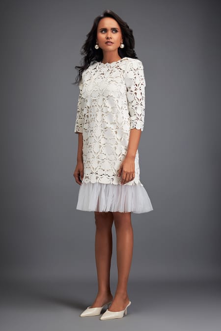 Buy Deepika Arora White Velvet, Net Cut Work Round Neck Floral Jaal Pattern Dress Online at Aza Fashions Buy_Deepika Arora_White Velvet, Net Cut Work Round Neck Floral Jaal Pattern Dress _Online_at_Aza_Fashions