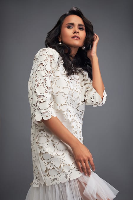 Deepika Arora White Velvet, Net Cut Work Round Neck Floral Jaal Pattern Dress at Aza Fashions Deepika Arora_White Velvet, Net Cut Work Round Neck Floral Jaal Pattern Dress _at_Aza_Fashions