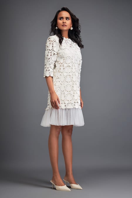 Buy Deepika Arora White Velvet, Net Cut Work Round Neck Floral Jaal Pattern Dress Buy_Deepika Arora_White Velvet, Net Cut Work Round Neck Floral Jaal Pattern Dress