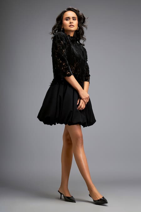 Deepika Arora Black Velvet, Crepe Cut Work Round Neck Floret Pattern Balloon Dress Online at Aza Fashions Deepika Arora_Black Velvet, Crepe Cut Work Round Neck Floret Pattern Balloon Dress _Online_at_Aza_Fashions