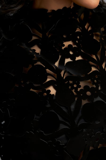 Buy Deepika Arora Black Velvet, Crepe Cut Work Round Neck Floret Pattern Balloon Dress Online at Aza Fashions Buy_Deepika Arora_Black Velvet, Crepe Cut Work Round Neck Floret Pattern Balloon Dress _Online_at_Aza_Fashions