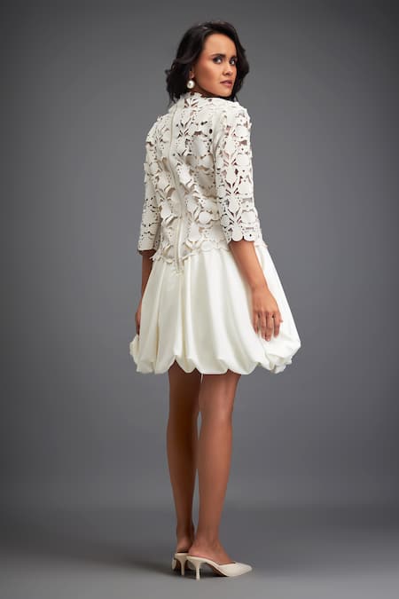 Shop Deepika Arora White Cut Work Round Neck Flower Pattern Balloon Dress at Aza Fashions Shop_Deepika Arora_White Cut Work Round Neck Flower Pattern Balloon Dress _at_Aza_Fashions