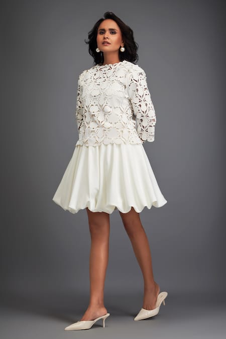 Deepika Arora White Cut Work Round Neck Flower Pattern Balloon Dress Online at Aza Fashions Deepika Arora_White Cut Work Round Neck Flower Pattern Balloon Dress _Online_at_Aza_Fashions