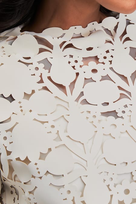 Deepika Arora White Cut Work Round Neck Flower Pattern Balloon Dress at Aza Fashions Deepika Arora_White Cut Work Round Neck Flower Pattern Balloon Dress _at_Aza_Fashions