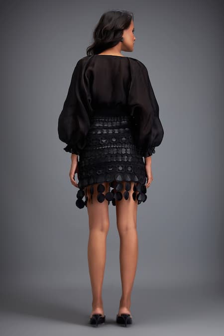 Shop Deepika Arora Black Organza, Polyester Cut Work 3d Geometric Layered Skirt at Aza Fashions Shop_Deepika Arora_Black Organza, Polyester Cut Work 3d Geometric Layered Skirt _at_Aza_Fashions