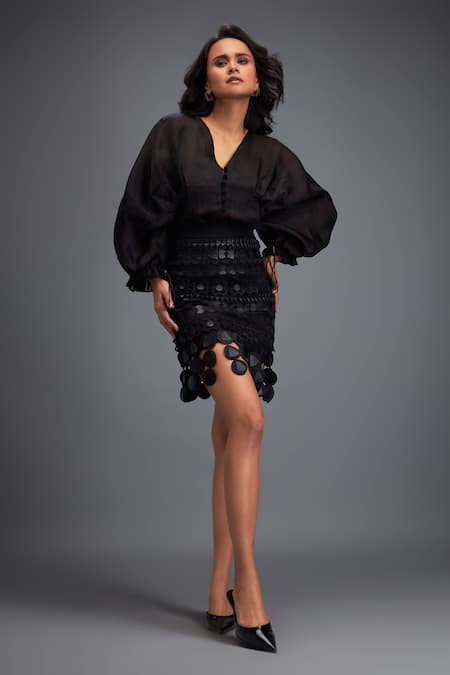 Shop Deepika Arora Black Organza, Polyester Cut Work 3d Geometric Layered Skirt Online at Aza Fashions Shop_Deepika Arora_Black Organza, Polyester Cut Work 3d Geometric Layered Skirt _Online_at_Aza_Fashions