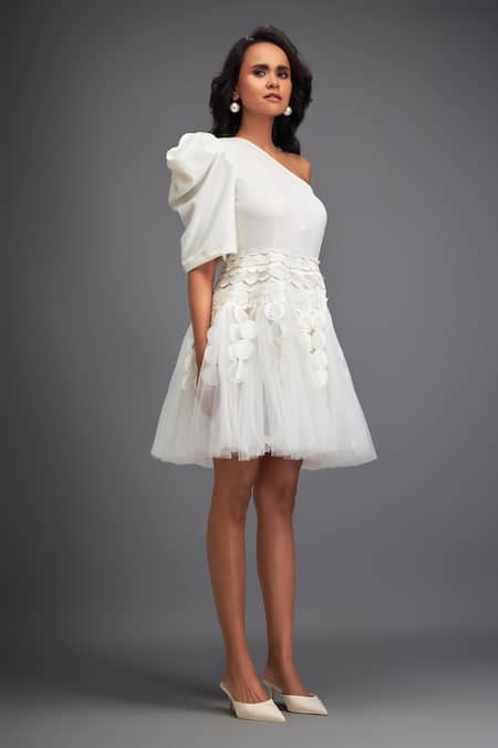 Deepika Arora_White Crepe, Net Fabric Flowers, Cut Geometric Embellished One Shoulder Dress _Online_at_Aza_Fashions