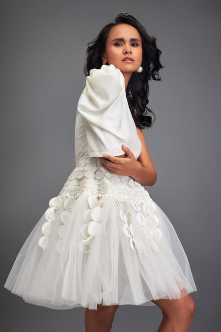 Buy_Deepika Arora_White Crepe, Net Fabric Flowers, Cut Geometric Embellished One Shoulder Dress _Online_at_Aza_Fashions
