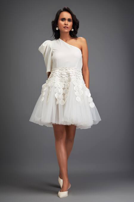 Shop_Deepika Arora_White Crepe, Net Fabric Flowers, Cut Geometric Embellished One Shoulder Dress _Online_at_Aza_Fashions