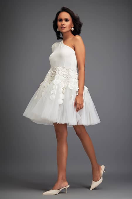 Deepika Arora_White Crepe, Net Fabric Flowers, Cut Geometric Embellished One Shoulder Dress _at_Aza_Fashions