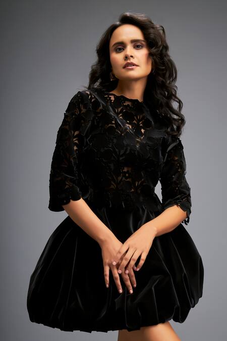 Deepika Arora Black Velvet Cut Work, Embroidery Floral Cutwork Pattern Top With Balloon Skirt at Aza Fashions Deepika Arora_Black Velvet Cut Work, Embroidery Floral Cutwork Pattern Top With Balloon Skirt _at_Aza_Fashions