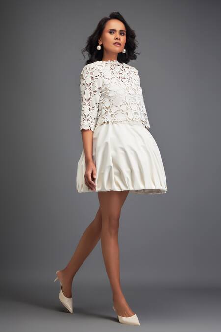 Deepika Arora_White Velvet Round Neck Floral Cut-out Crop Top With Bubble Skirt _Online_at_Aza_Fashions