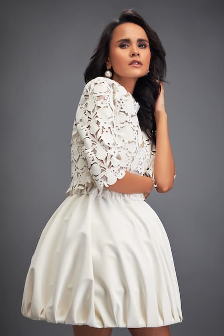 Buy_Deepika Arora_White Velvet Round Neck Floral Cut-out Crop Top With Bubble Skirt _Online_at_Aza_Fashions