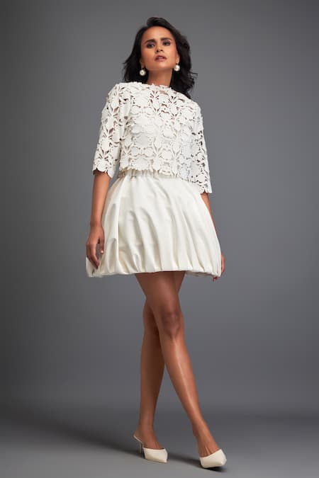 Shop_Deepika Arora_White Velvet Round Neck Floral Cut-out Crop Top With Bubble Skirt _Online_at_Aza_Fashions