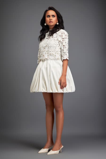 Deepika Arora_White Velvet Round Neck Floral Cut-out Crop Top With Bubble Skirt _at_Aza_Fashions