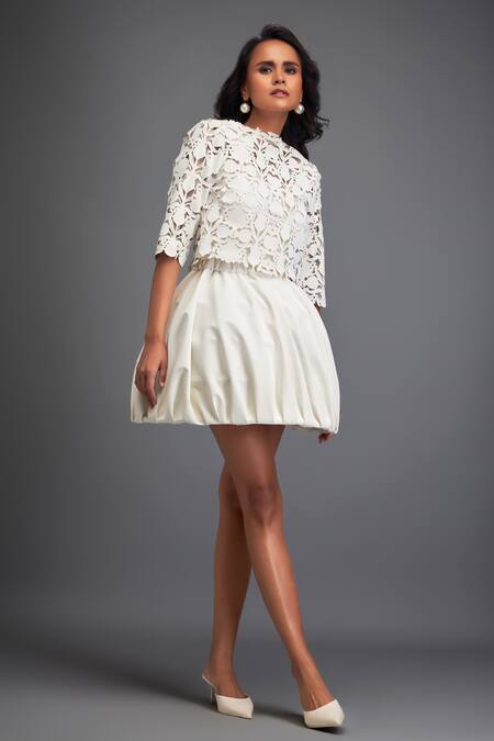 Buy_Deepika Arora_White Velvet Round Neck Floral Cut-out Crop Top With Bubble Skirt 